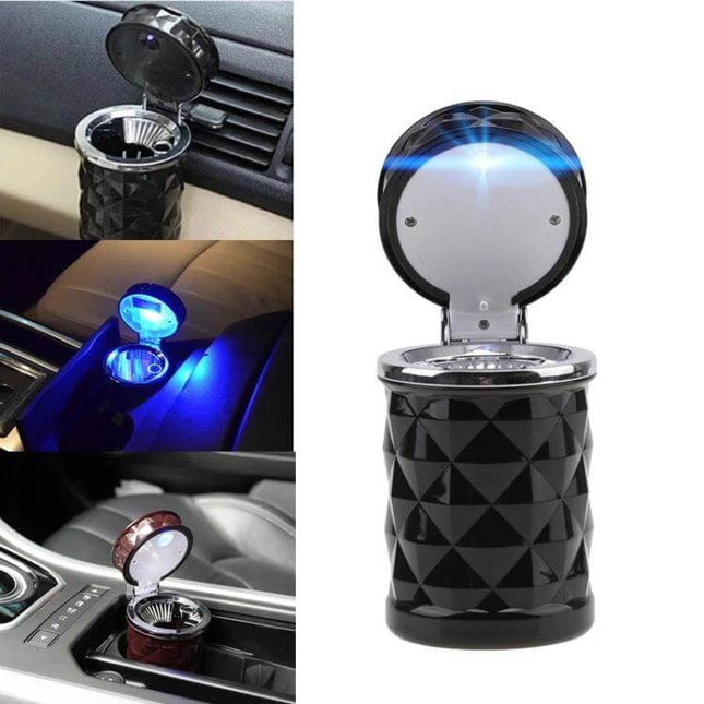 Diamond Facets Car Ashtray With LED Light For Clean On The Go - black diamond facet car ashtray with sealed lid and blue LED