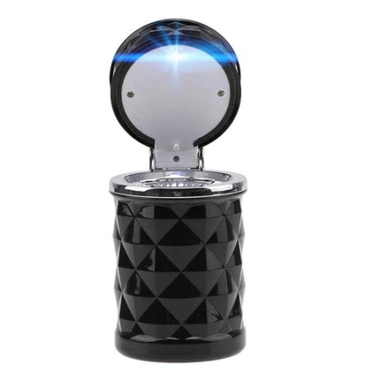 Diamond Facets Car Ashtray With LED Light For Clean On The Go - black diamond-facet portable car ashtray with lit LED and sealed lid