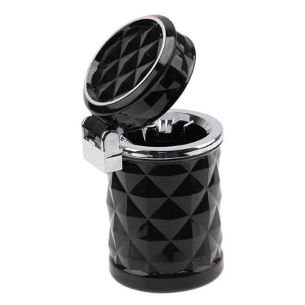 Diamond Facets Car Ashtray With LED Light For Clean On The Go - black diamond facets car ashtray with sealed lid and LED, compact travel ashtray