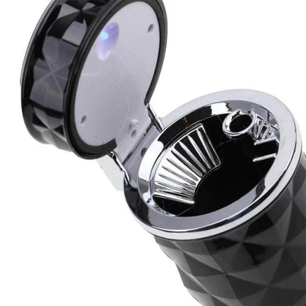 Diamond Facets Car Ashtray With LED Light For Clean On The Go - compact black diamond-facet car ashtray with sealed lid and interior LED