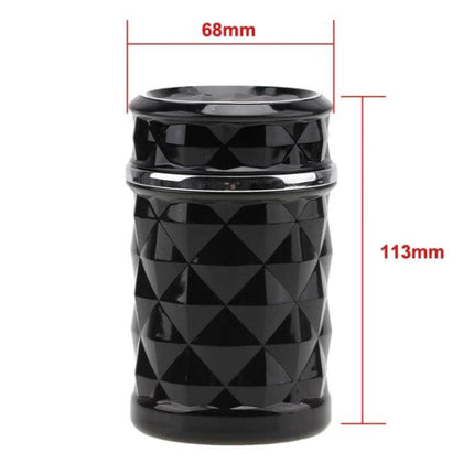 Diamond Facets Car Ashtray With LED Light For Clean On The Go - black diamond-facet portable car ashtray with sealed lid and LED, 68mm x 113mm