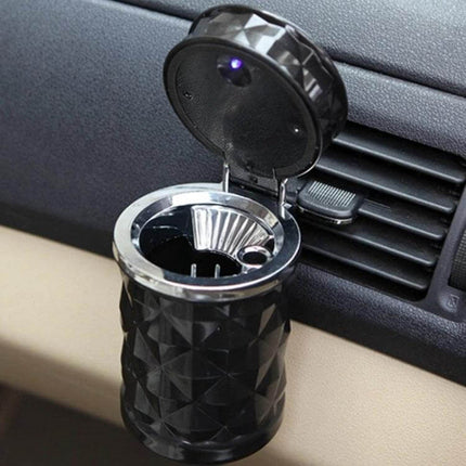 Diamond Facets Car Ashtray With LED Light For Clean On The Go - compact black diamond-facet car ashtray with sealed lid and interior LED for tidy driving