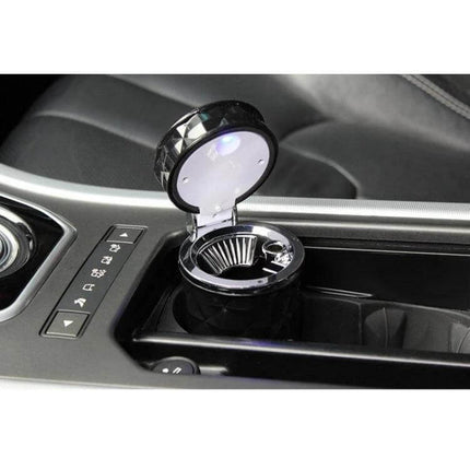 Diamond Facets Car Ashtray With LED Light For Clean On The Go - compact diamond-facet car ashtray with sealed lid and LED light in cup holder