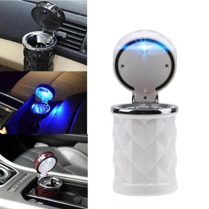 Diamond Facets Car Ashtray With LED Light For Clean On The Go - compact diamond-facet car ashtray with sealed lid and blue LED for clean on-the-go use