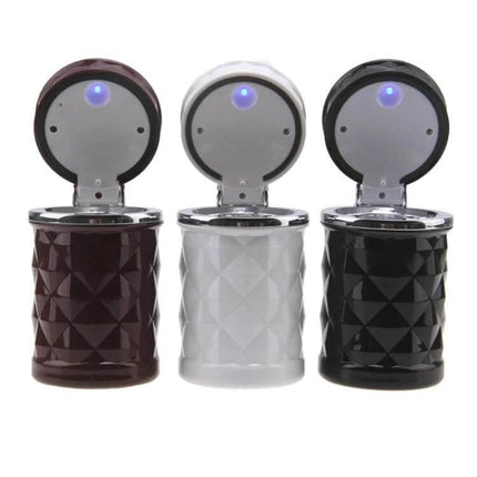 Diamond Facets Car Ashtray With LED Light For Clean On The Go - three diamond-facet car ashtrays with sealed lids and blue LED light (black, white, brown)