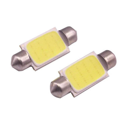 Two Pack 39mm White LED License Plate Reading Lights showing two slim 39mm white LED bulbs for plug-and-play license plate illumination