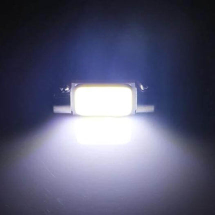 Two Pack 39mm White LED License Plate Reading Lights illuminated bright white LED showing wide low-profile beam for license plate visibility
