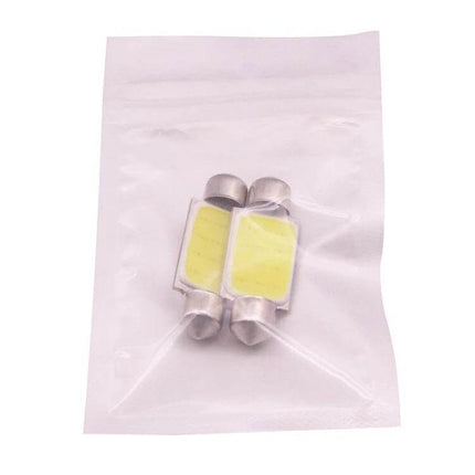 Two Pack 39mm White LED License Plate Reading Lights in clear packaging, two 39mm cob LED bulbs for license plate illumination