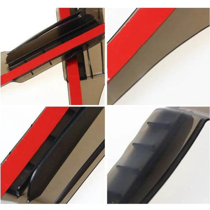 Durable Flexible Rain Shields for Car Rearview Mirrors, 2 Pack - close-up collage showing flexible brown shields with red adhesive strips and water-deflecting ribs