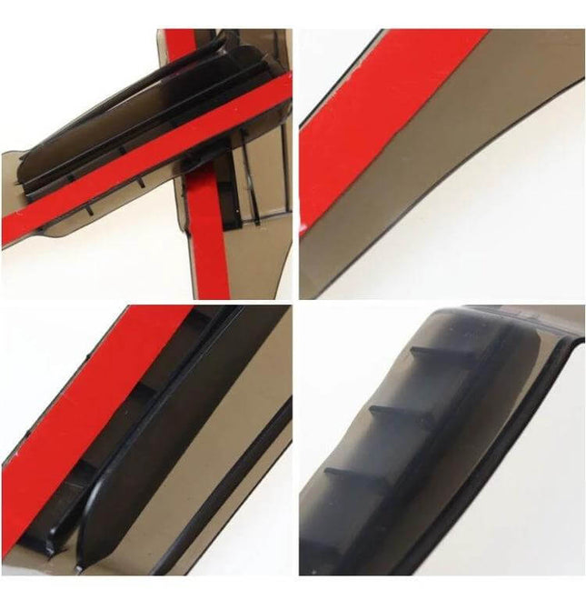 Durable Flexible Rain Shields for Car Rearview Mirrors, 2 Pack - close-up collage showing flexible brown shields with red adhesive strips and water-deflecting ribs