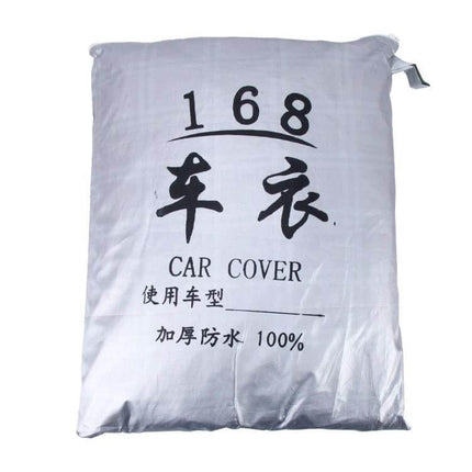 Waterproof Sunproof Car Cover for Sedans up to 199 Inches packaged in silver storage bag showing product label and size 168