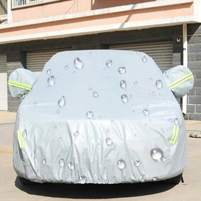 PEVA Waterproof Car Cover for Sedans Up to 191 Inches protecting a parked sedan from rain, dust and UV with reflective mirror pocket straps