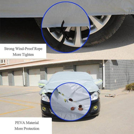 PEVA Waterproof Car Cover for Sedans Up to 191 Inches showing double-stitched seams, wind-proof rope and full front coverage