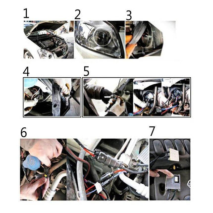 HID Car Headlight Bulb Pack of 2 for Night Driving installation steps collage showing engine bay, headlight close-up, wiring and connector setup