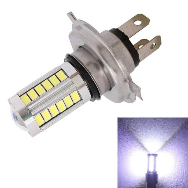 H4 LED Car Light Bulb For Parking, Turn Signals, And Back Up Lights - H4 dual‑filament plug‑and‑play LED bulb showing metal base and illuminated beam