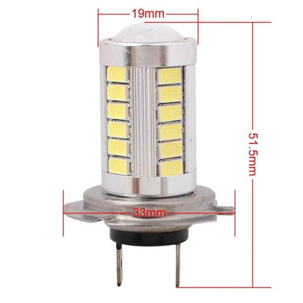 H7 LED Car Light Bulb For Brake And Turn 6500K White 12V 2-Pack - close-up of silver LED bulb with measurements 19mm x 33mm x 51.5mm