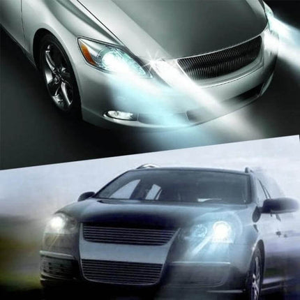 H11 LED Car Light Bulbs 6500K White For Parking, Turn Signals, Reverse Lights - bright white LED upgrade shown illuminating front parking and reverse lights