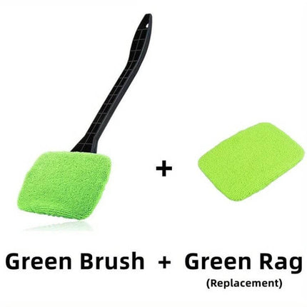 Windshield Wonder Cleaner for Car Windows and Windshields showing pivoting-handle green brush with replacement green rag for interior glass cleaning