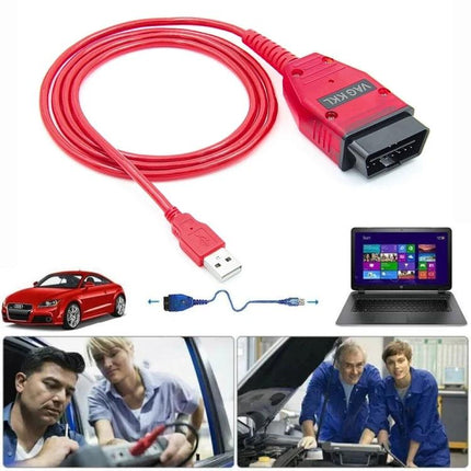 USB Cable for Everyday VW and Audi Vehicle Diagnostics - red OBD2-to-USB diagnostic cable for VW Audi Skoda Seat engine fault code reading