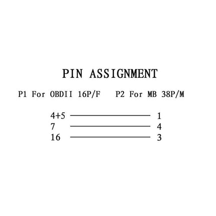 Cable for Everyday Mercedes Sprinter Vehicle Checks showing 16-pin OBDII to 38-pin Mercedes pin assignment diagram
