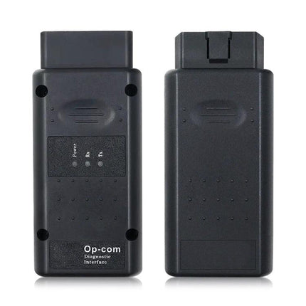 OP-COM Interface for Everyday Opel Car Maintenance Checks - black OBD2 diagnostic dongle shown front and back