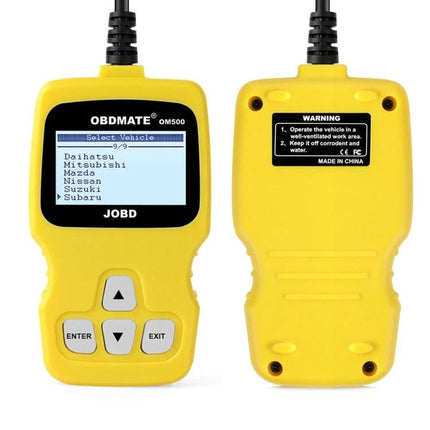 OBDMATE Device for Everyday Car Maintenance and Diagnostics - yellow OBDII code reader showing vehicle list and controls