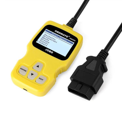 OBDMATE Device for Everyday Car Maintenance and Diagnostics - yellow OBD II code reader plugged into car diagnostic cable