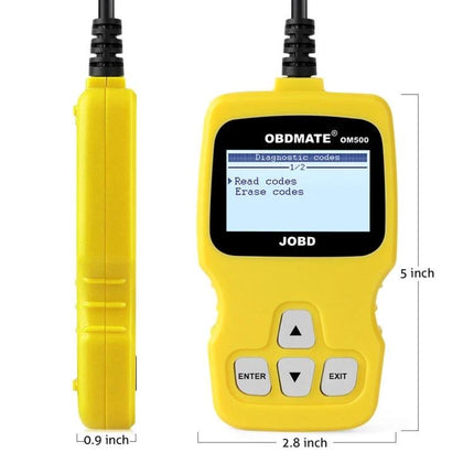 OBDMATE Device for Everyday Car Maintenance and Diagnostics handheld yellow OBD II code reader showing Read codes Erase codes screen
