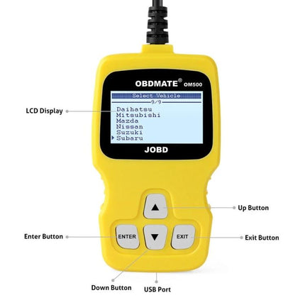 OBDMATE Device for Everyday Car Maintenance and Diagnostics handheld OBD II reader showing LCD menu and buttons