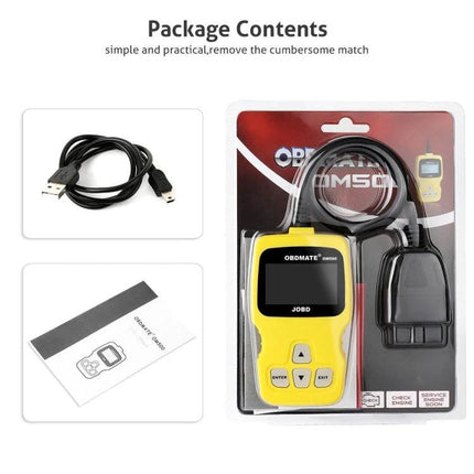OBDMATE Device for Everyday Car Maintenance and Diagnostics - yellow handheld OBD II scanner kit with cable and manual in blister pack
