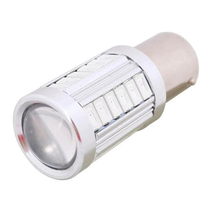 Two Pack Red LED Car Brake Light Bulbs for Vehicles shown single silver LED bulb with BA15S base, plug-and-play rear or interior replacement light
