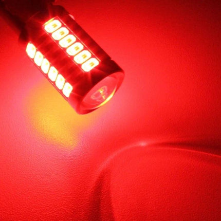 Two Pack Red LED Car Brake Light Bulbs for Vehicles glowing red LED bulb showing bright plug-and-play illumination for brake or tail light applications