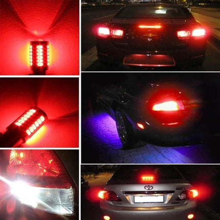 Red Car Brake Light Bulbs For Vehicles 2 Pack Easy To Install - red LED replacement bulbs showing bright brake, tail, reverse and license plate lighting