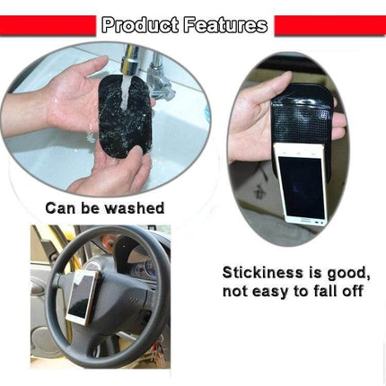Car Anti-Slip Pad For Phone And GPS On Dash Reusable showing washable pad holding phone on dashboard and steering wheel