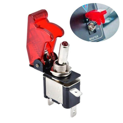 Flip Cover Nitrous Arming Switch for Vehicles with Green LED Indicator - 12V flip-cover toggle switch with protective red cover for dashboard mounting