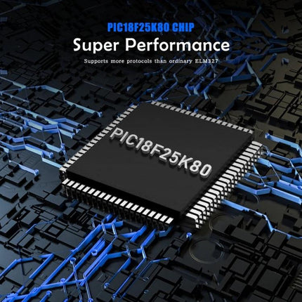 HH Diagnostic Device for Everyday Car Maintenance Checks showing PIC18F25K80 chip graphic representing super performance and wireless OBD-II diagnostics