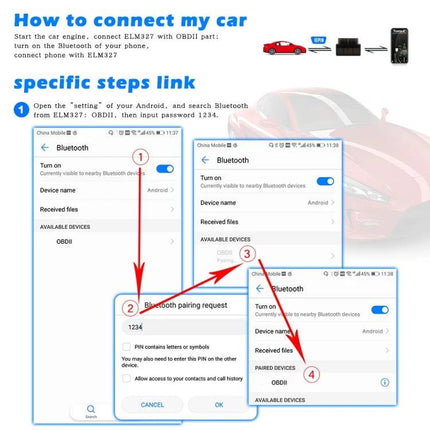 HH Diagnostic Device for Everyday Car Maintenance Checks - illustrated Bluetooth OBDII pairing steps on Android screen