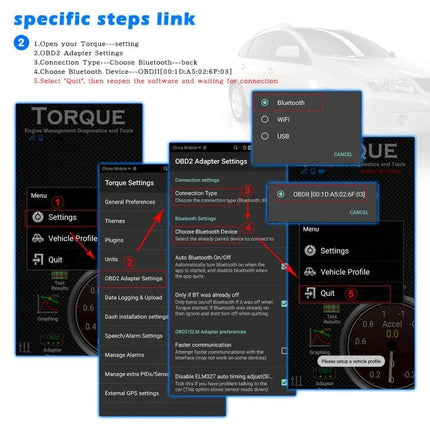 HH Diagnostic Device for Everyday Car Maintenance Checks wireless OBD-II diagnostic adapter displaying Torque app setup screens