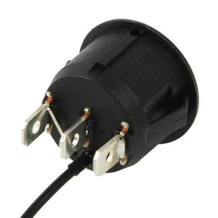 Car Seat Cushion Heating Switch ON-OFF-ON For Vehicle Use rear view showing three terminals and wiring, black PA66 round rocker switch for 12V seat heater