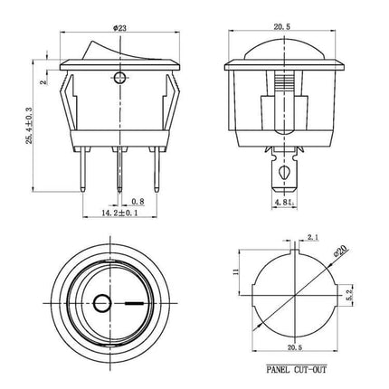 DIY Rocker Switch for Racing Sport 10 Pack Vehicle Use - technical dimension diagram showing front, side, rear views and panel cut-out measurements