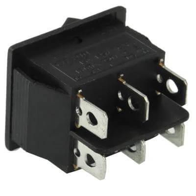 On-Off-On Rocker Switch For Racing Vehicles DIY Projects - black 3-position 12V DC rocker switch with three spade terminals for race car dashboards and DIY electronics