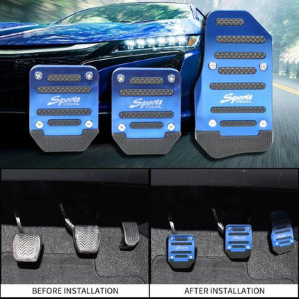 Car Universal Non-Slip Pedal For Comfortable Driving - blue stainless steel anti-slip pedal set shown before and after installation