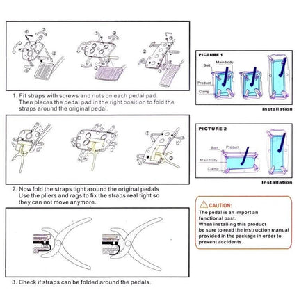 Car Universal Non-Slip Pedal For Comfortable Driving installation instructions diagram showing straps, screws, and folding steps