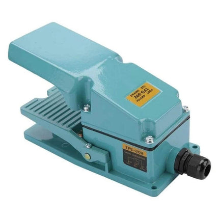 Durable Metal Foot Control Pedal Switch for Hands-Free Use — teal industrial metal foot switch for machinery with cable gland