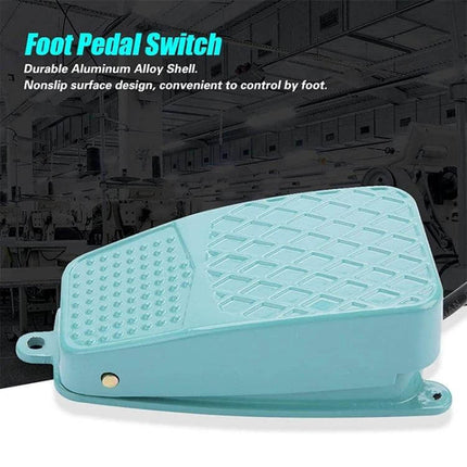 Anti-Slip Metal Foot Pedal Switch for Industrial Equipment Control shown in teal metal with non-slip surface for momentary foot operation