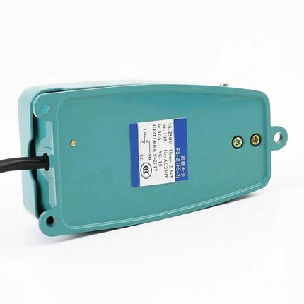 Durable Anti-Slip Metal Foot Pedal Switch for Industrial Use showing teal metal housing and cable for hands-free equipment control