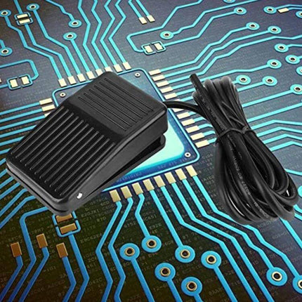 Momentary Anti-Slip Foot Pedal Switch with 1m Cable for Industrial Equipment - black foot-operated switch with anti-slip surface and coiled 1m cable on circuit board background