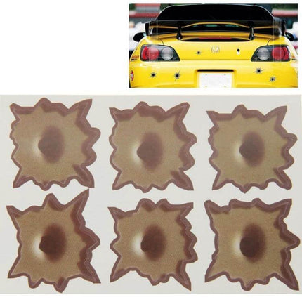 Set of 6 Bullet Hole Decorative Stickers for Cars, 4cm x 4cm on car rear bumper - removable decorative bullet hole decals