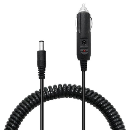 2A Coiled Cable DC Power Supply Adapter for Car Charging showing black coiled cable with car 12V plug and barrel connector