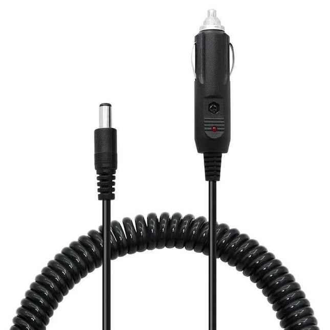 2A Coiled Cable DC Power Supply Adapter for Car Charging showing black coiled cable with car 12V plug and barrel connector